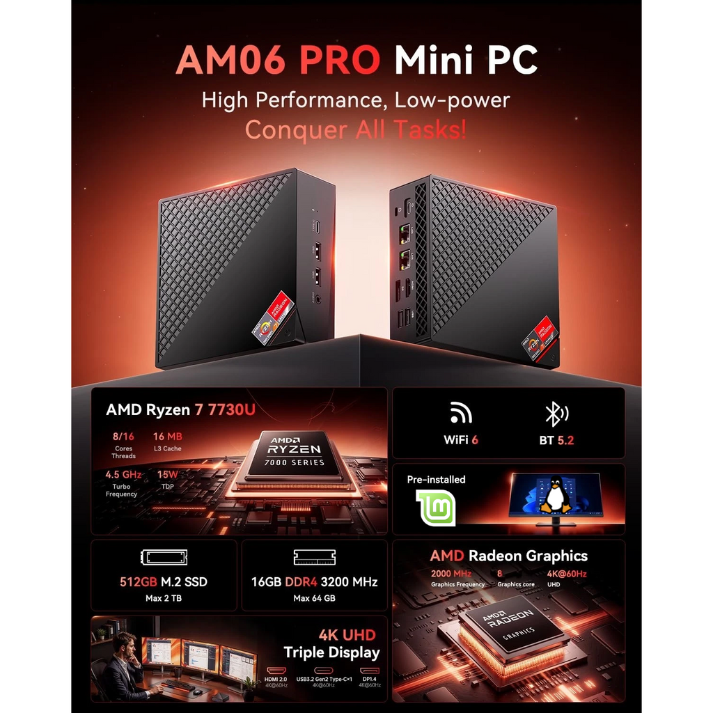 NiPoGi Mini PC<br>AMD Ryzen 5 7430U<br>32 Go de RAM DDR4<br>512 Go de SSD NVME M.2